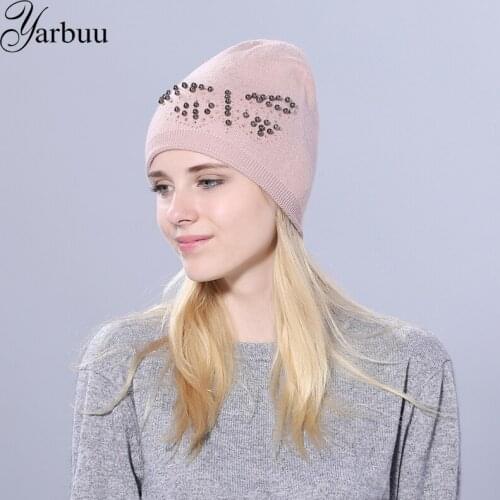 [YARBUU] real mink fur ball hat for women wool skullies beanies Butterfly nail beads solid Knitted Hat for girl Female ski cap