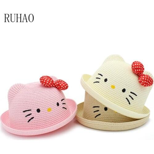 MAERSHEI Baby Cute Girls Straw hat Bowknot Sun Hat Kids Large Brim Beach Summer Boater Beach Ribbon Round Flat Top fedora hat