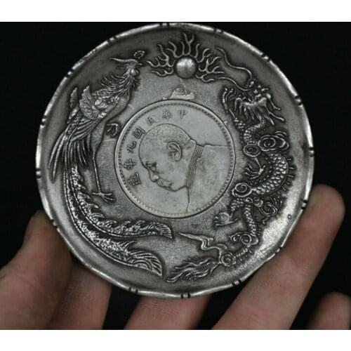 Collect Chinese Dynasty Miao Silver Miao Silver Dragon Phoenix Plate Dish Statue Statues for Decoration Collection Ornaments