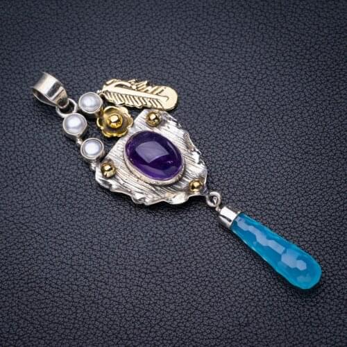 StarGems Natural Amethyst River Pearl And Chalcedony Feather Handmade 925 Sterling Silver Pendant 3.25" E3953