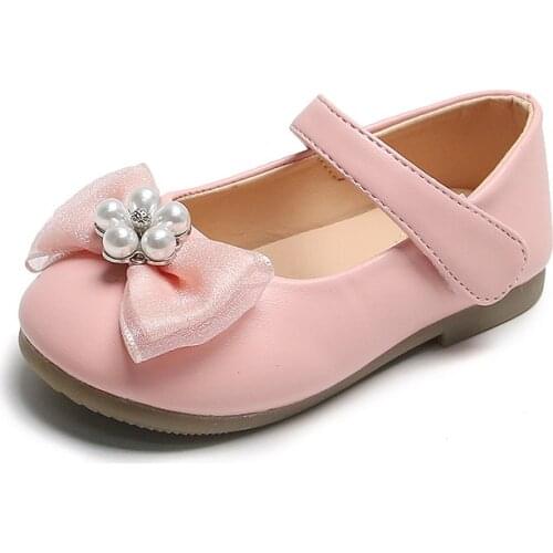 Baby Girls Shoes Flats Toddlers Little Kids Leather Shoes Black Pink Silver Sweet Dress Shoes Lace Bowtie Bow Pearls Size 21-30