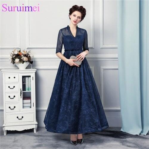 New Arrival Tea Length Evening Dresses Lace With Jacket Backless Navy Blue Evening Gown