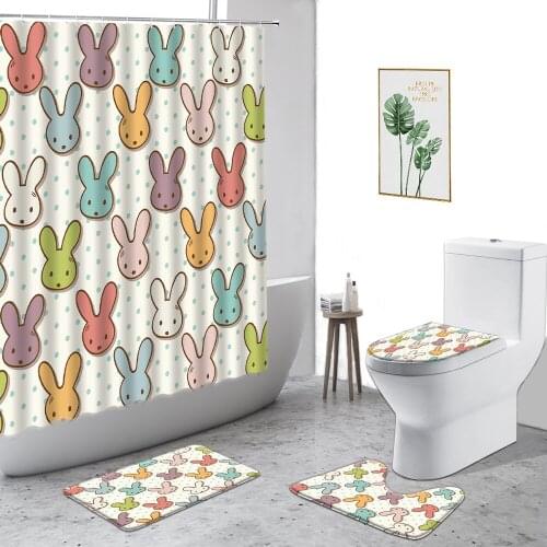 Cartoon Rabbit Shower Curtain Owl Bear Fox Cute Funny Childrens Bathroom Set Non-Slip Carpet Waterproof Bath Curtains With Hooks