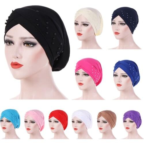 New Women Elastic Turban Hat Muslim Hijab Islamic Beads Chemo Cap Ladies Stretch Head Wrap Head Turban India Ruffle Hat Beanie
