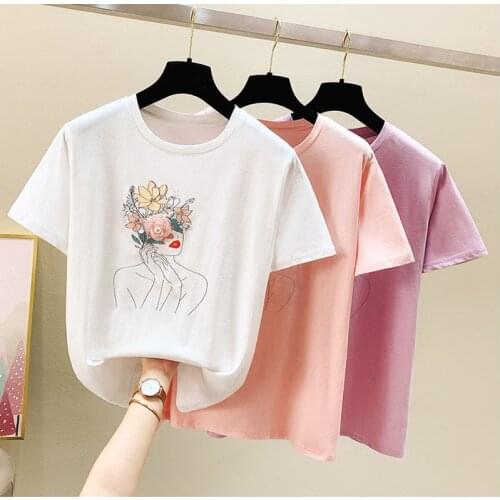 GGRIGHT2021 Girls Summer T Shirt Women Korean Fashion White Tshirt Short Sleeve Print Tee Shirt Femme Tops Beading