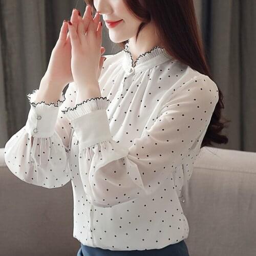 2019 Korean Spring Autumn Women Black White Pokla Dot Long Sleeve Chiffon Blouse Top , Womens Patchwork Ruffles Tops And Blouses