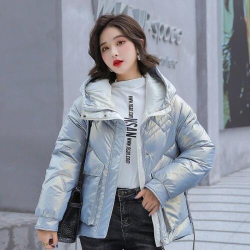 Womens Winter Thick Cotton Padded Jacket Shiny Hooded Casaul Short Down Jacket Plus Size Glossy Female Parkas with Big Pockets