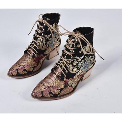 Retro Bohemian Women Ankle Boots Embroider Wedge Booties Vintage Ladies Winter Shoes Woman Pumps 2021 New High Heels Boots