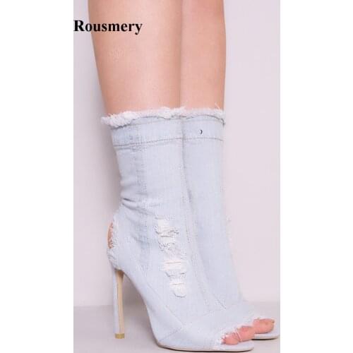 New Fashion Women Open Toe Slim Style Denim Short Boots Blue White Jean High Heel Boots Cut-out Fringe Boots