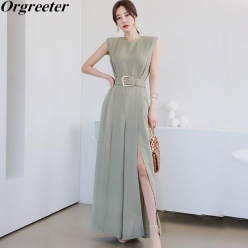 Green Elegant Office lady Solid Sleeveless Rompers Summer New Temperament High waist Split Wide leg Jumpsuit for Women With Belt