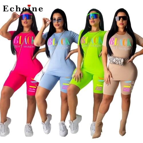 Women 2 Pcs Set Letter Printed Casual T-shirt Tracksuit Biker Short Pants Fitness Colorful Streetwear Matching Set Female Suits