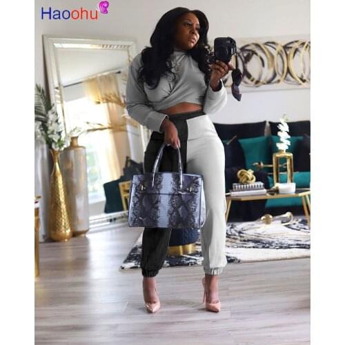 HAOOHU Fitness Tracksuit Women Two Piece Outfits Cross Ruched Long Sleeve Crop Top +Color Block sweatpants Sweatsuit Streetwear