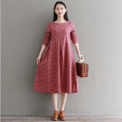Autumn and winter women dress new arrival 2018 long sleeve leaf print cotton dress