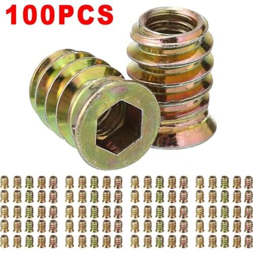 100PCS M6 Threaded Hex Drive Insert Fixing Wood Screw Inserts Nuts Galvanized Carbon Steel M6 D-type Insert Nut Assortment Kit