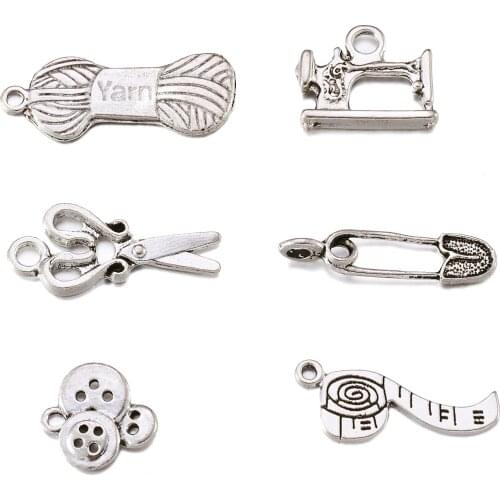 6pcs/set Sewing Knitting Themed Tibetan Style Alloy Pendants Scissor Pipe Safety Pin Yarn Clew Button Sewing Machine Charm