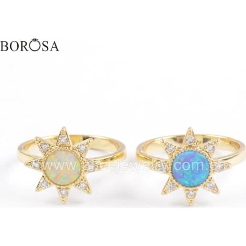 BOROSA 5PCS Electroformed Color Micro Pave Crystal Round Blue White Manmade Opal Druzy Rings ZG0393