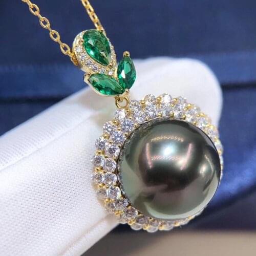 D822 Pearl Pendant Fine Jewelry 925 Sterling Silver Round 11-12mm Nature Sea Water Tahiti Black Pearls Pendants Necklaces Gifts