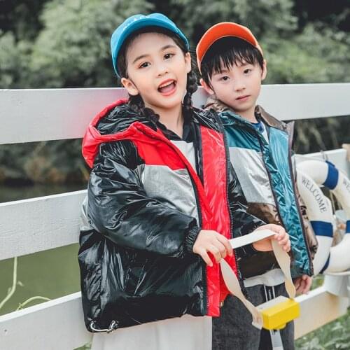 Childrens Down Jacket Garments Boys & Girls Color Blocking Bright Face Thickened Short Coat Outerwear Kids Hooded Overcoat B367