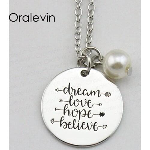 DREAM LOVE HOPE BELIEVE Inspirational Hand Stamped Engraved Custom Pendant Female Necklace Gift Jewelry,10Pcs/Lot, #LN1785