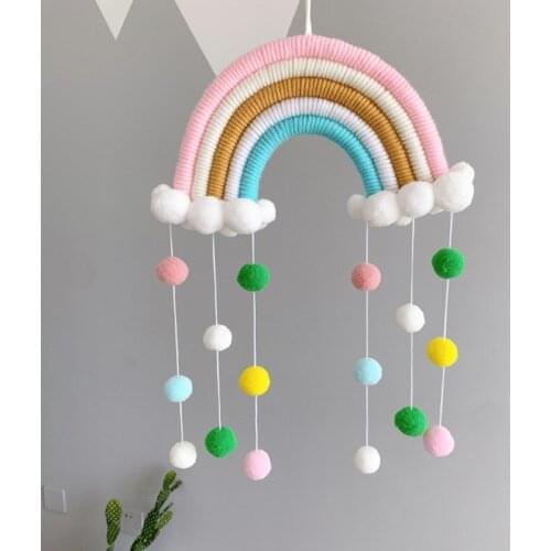 INS Hand Woven Cloud Rainbow With Wool Balls Pendant Baby Kids Room Decoration Ornament Hanging Wind Chimes Nursery Photo Props
