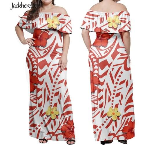 Jackherelook Women Off Shoulder Maxi Dress Ruffle Party Robe Red Polynesian Tribal Hibiscus Floral Hawaiian Party Long Dresses