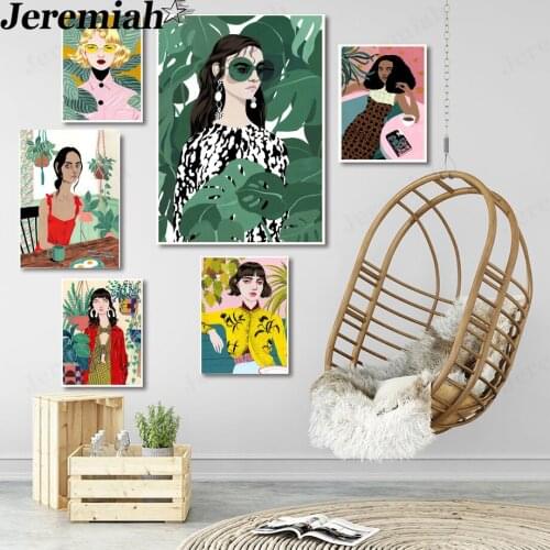 Cartoon Girl Canvas Painting Fashion Character Tropical Plant Leaf Poster Retro Wall Art Nordic Home Living Room Decoration Gift