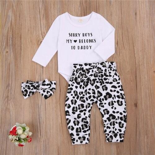 2021 Fashion Newborn Baby Girls Boys Clothes Sets 3pcs Letter Long Sleeve Romper Tops Leopard Pants Headband 0-24M