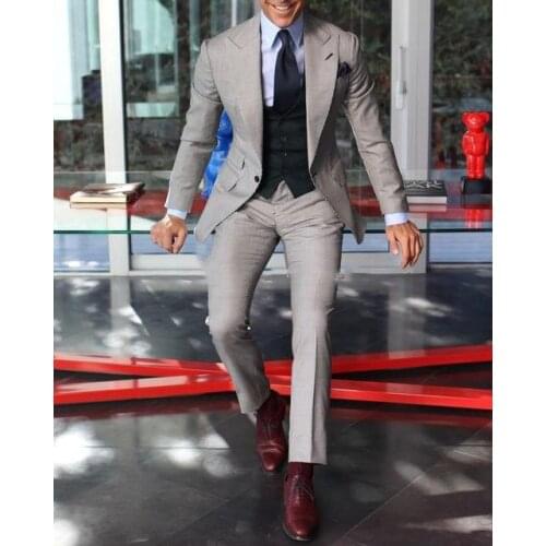 Grey Peak Lapel Men Suits Costume Homme Wedding Slim Fit Prom Tuxedo Terno Masculino Blazer Groom Wear 3 Pcs Jacket+Pant+Vest