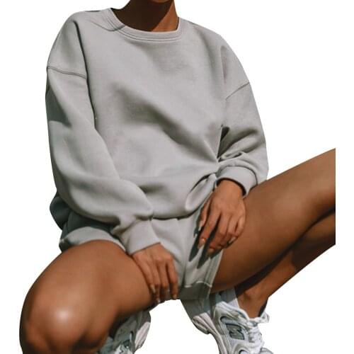 Autumn Womens Suit Two-piece Clothes Casual Set Solid Color Round Collar Long Sleeve Sweatshirts and Elastic Waist Shorts