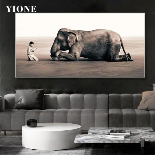 Boy Elephant Canvas Painting Abstract Grey Devout Read and Listen Animal Prints Wall Art Picture Poster For Living Room Decor