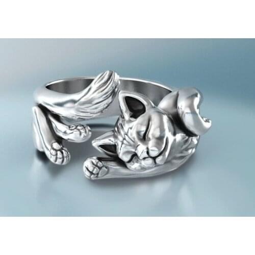 Fashion Silver Women Ring Cute Cat Sleep Silver Engagement Wedding Rings for Women Jewelry US 5-11