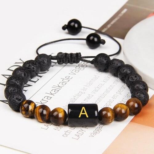 Fashion Capital Initials Name Charm Natural Stone Bracelets For Women Men Tiger Eye Lava Bracelet Essential Oil Diffuser Jewelry
