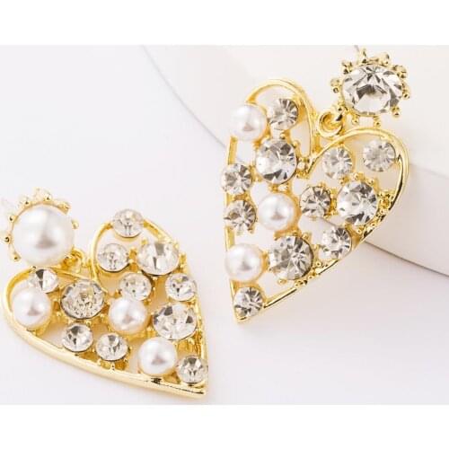 Fashion Inlay Rhinestone Pearl Heart Shape Earrings Women Vintage Gold Color Statement ZA Earrings Jewelry For Women Accessories