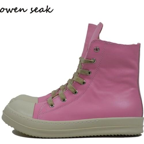 Owen Seak Women Motorcycle Leather Men High-TOP Luxury Mid-Calf Winter Riding Boots Lace Up Casual Brand Zip Flats Pink Shoes