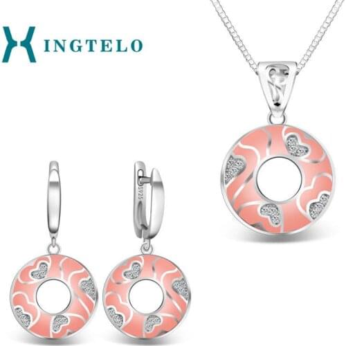 XINGTELO Round Earrings Pendant 925 Sterling Silver Bridal Jewelry Set Pink Enamel White Cubic Zirconia Romantic Jewelry