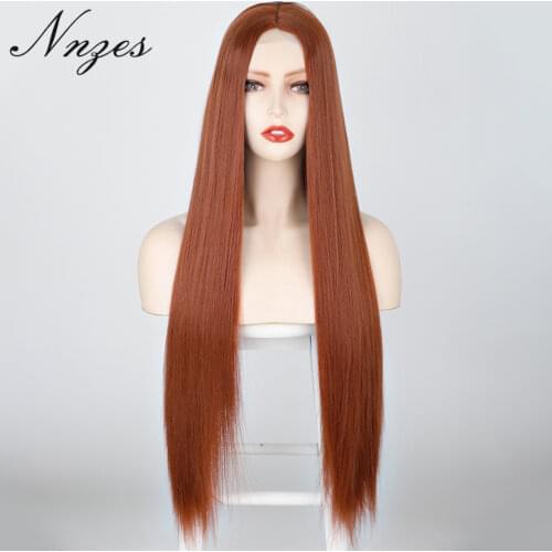 NNZES 30inches Long Straight Dark Orange Synthetic Wigs Middle Part Wigs Pink Orange Gray Color for Black Women