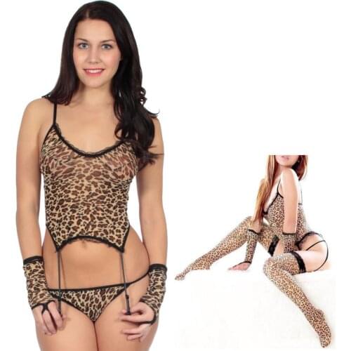 NEW 2020 Women Sexy Leopard Print Lady Garter Tops Thongs Body Stockings Gloves lingerie outfit
