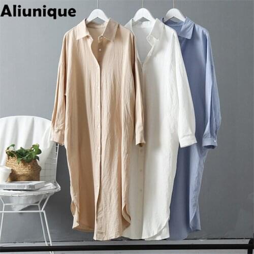 Aliunique New Woman Long Shirt Dress Fashion Cotton Clothing Plus Size Big Shirt Dresses Spring 2021 Long Sleeve Loose Dress INS