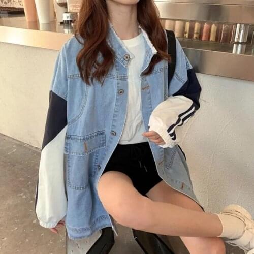 Autumn Women Stand Collar Frayed Burrs Denim Jacket Light Blue Vintage Patchwork Loose Casual Long-sleeve Female Jeans Jacket