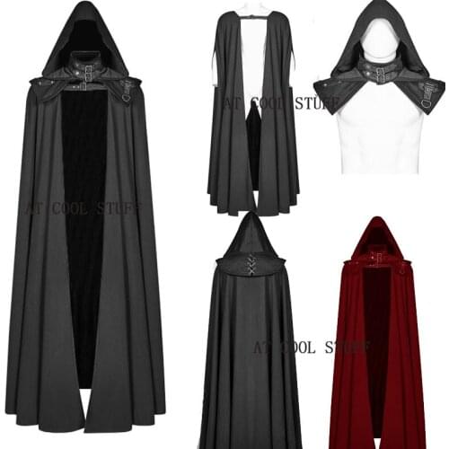 Medieval Cloak Hooded Coat Men Assassin Cosplay Costume Vintage Gothic Buckled Stand Collar Leather Shoulder Knights Maxi Cape