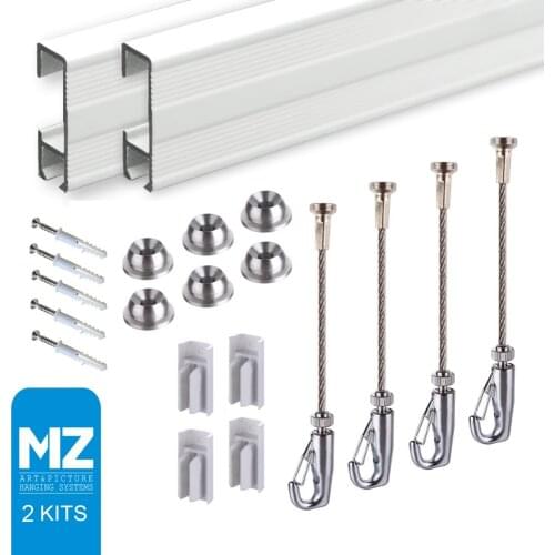 Free shipping Cliprail Complete picture frame hangers art picture Hanging Gallery Systems (2 Rails 4 Hooks and 4 Cables,White)