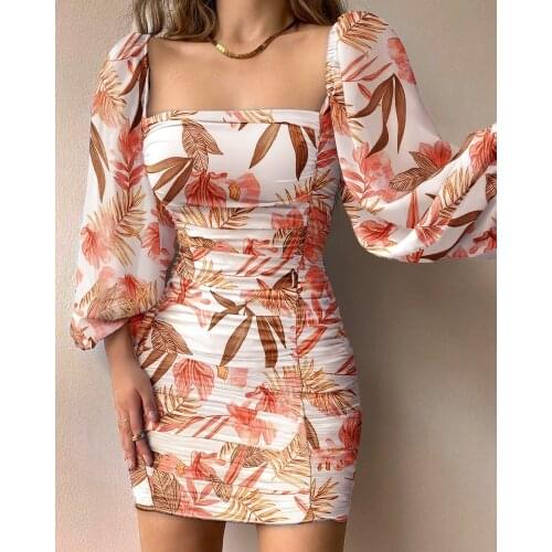 Shein Romwe Y2K Sexy Ditsy Square Neck Floral Print Lantern Sleeve Bodycon Mini Vestidos Evening Party Women Dress