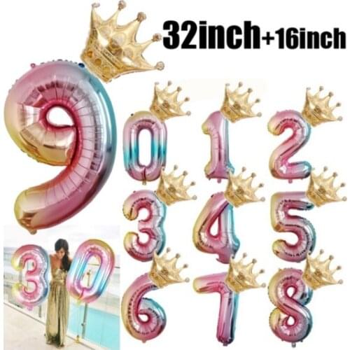 32/16 Inch Gradient Color Digital Balloons Aluminum Film Crown Balloons Wedding Kids Birthday Party Decorations