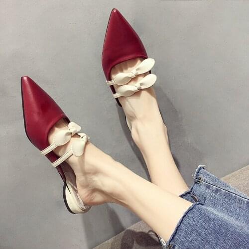 Mules Slippers Women Spring Summer Shoes Slip On Square Toe Leather Pumps Low Heels Knots Decoration Slides Sandals