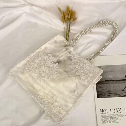 Fashion Women Embroidery Flower Bag Lightweight Clutch Bags Vintage Mesh Lace Handbag Casual Tote Hollow Shoulder Bag G5AE