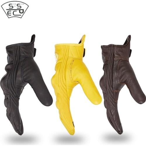 Vintage Motorcycle Leather Gloves Driving Racing Riding Motorcycle Mountain Bicycle Glove Motocross Genuine Leather Yellow Glove