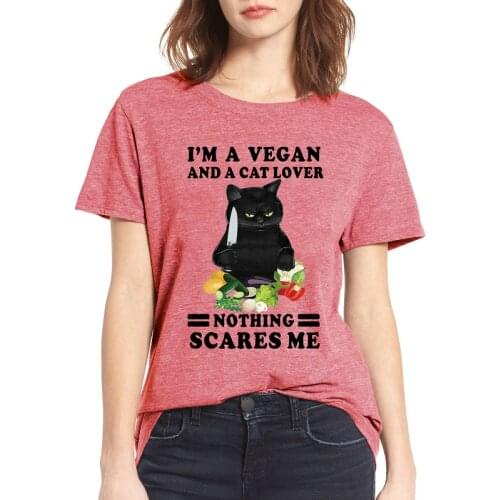 Funny Black Cat T Shirt Women Clothing I'm A Vegan And A Cat Lover Nothing Scares Me Vintage Womens Shirts Kawaii Girls Tee Tops
