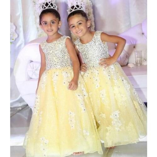 Yellow Scoop Crystal Applique Flower Girls Dresses For Wedding Tulle Pageant Kids Gowns First Communion Wears Princess Gown