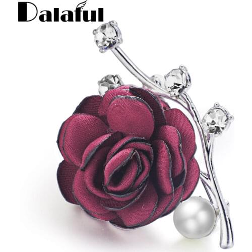 Dalaful Rose Flower Brooches Crystal Simulated Pearl for Suits Lapel Scarf Noble Fabric Brooch Pin For Women Wedding Z078