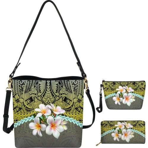 FORUDESIGNS Retro Polynesian Tribal Plumeria Gradient 3D Print Womens Handbag Set Female Travel Shoulder Bucket Bag With Wallet